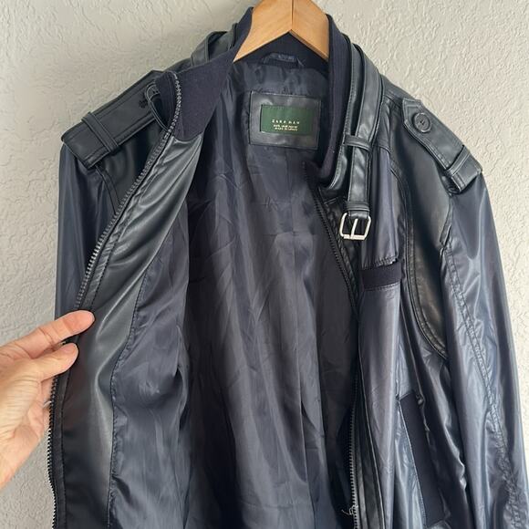 Zara Man Blue Faux Leather 90s Jacket Y2K Moto Streetwear Full Zip Bomber XL - Picture 9 of 10